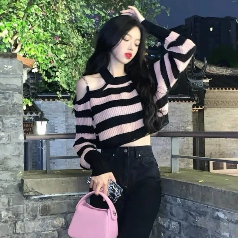 Pullovers Women Pink Y2k Hollow Out Loose Off Shoulder Fashion Designed Knitting Korean Style O-neck All-match Sweet Striped