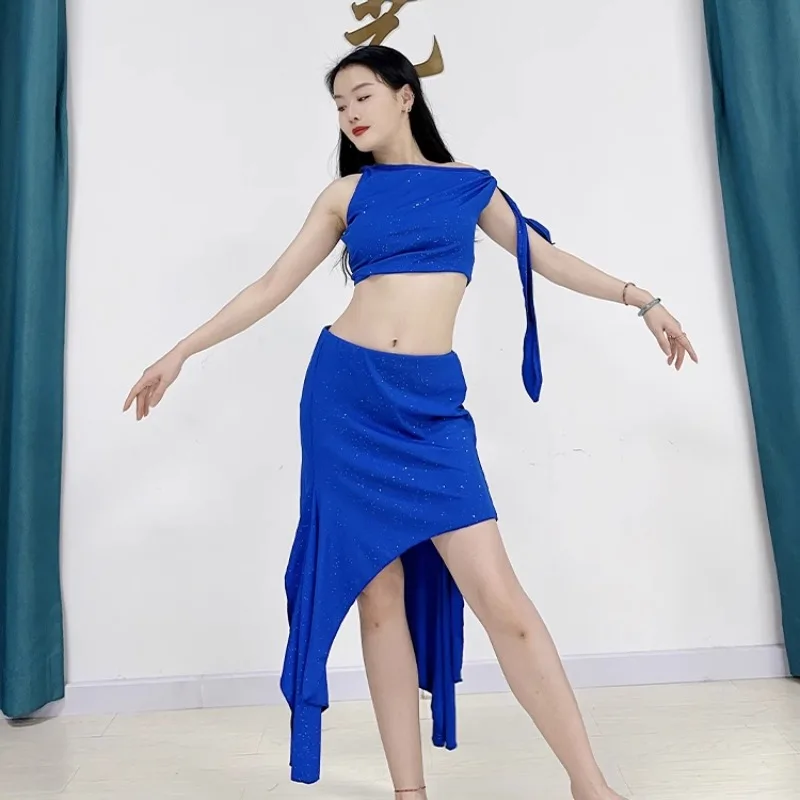 맞춤형 밸리 댄스 의상 라틴 실버 스레드 싱글 숄더 타이 조끼 불규칙한 중간 길이 허리 스커트 블랙 블루