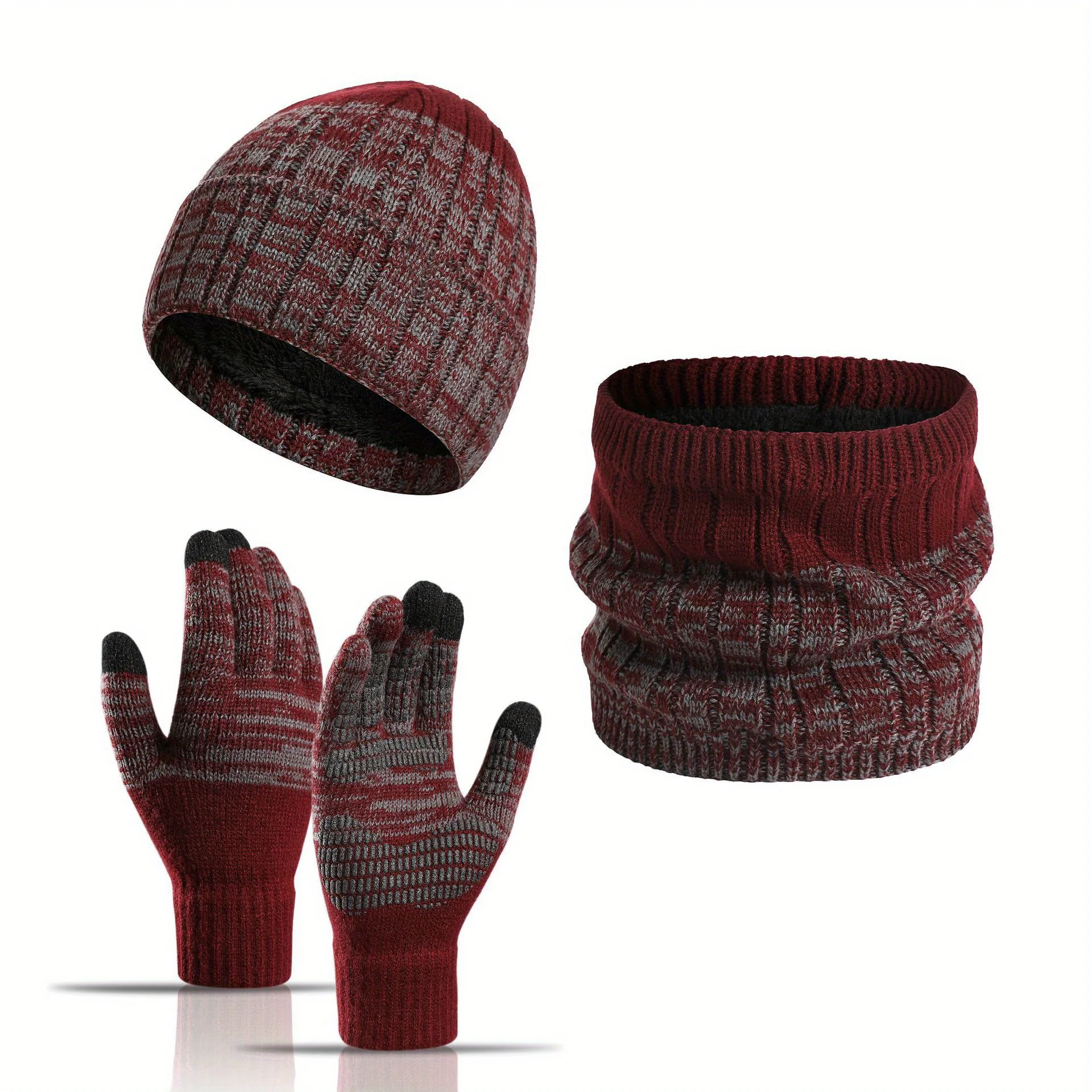 Outdoor Neck Warmer Set 3Pcs Fleece Lined Thickened Knit Hat For Men Women Winter Cold Weather Windproof Protection