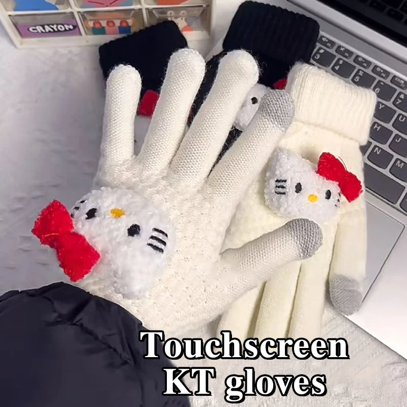 1Pair Cute Sanrio HelloKitty Knit Winter Warm Gloves Thickened For Students Holiday Gifts Cold-Proof Riding Gloves