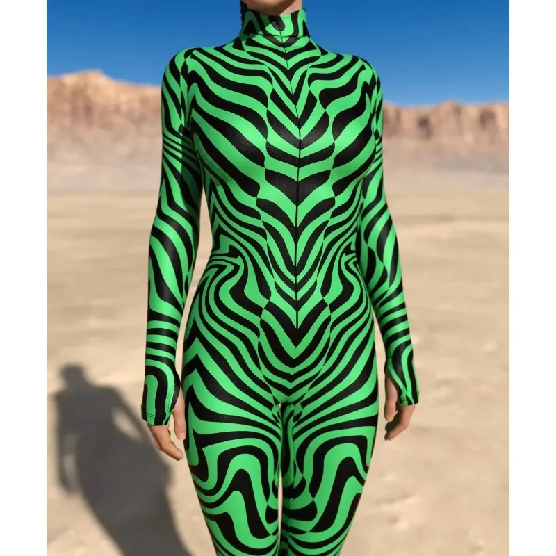 Art 3D Irregular Lines Jumpsuit Zebra Pattern Cosplay Costume Halloween Punk Bodysuit Long Sleeve Performance Catsuit for Women
