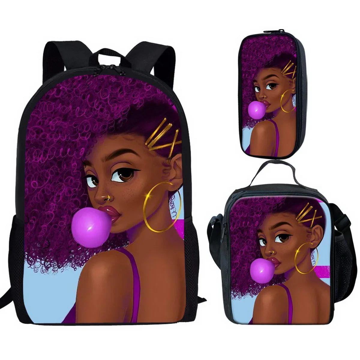 Harajuku Youthful Novelty Funny African girl 3D Print 3pcs/Set Student Travel bags Laptop Daypack Backpack Lunch Bag Pencil Case