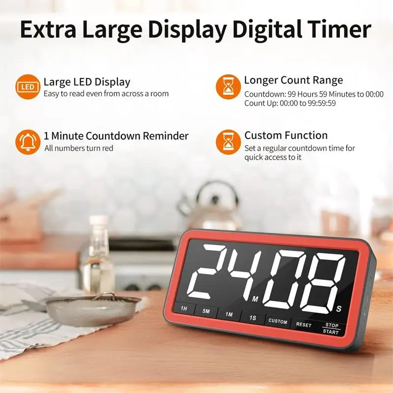 Digital Kitchen Timer with 7.8” Extra Large Display, Magnetic LED with 4 Alarms Countdown Count Up Timer For Cooking Classroom