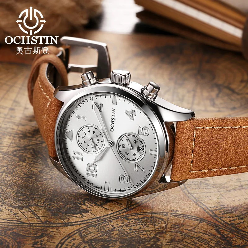 OCHSTIN حزام من الجلد حركة ساعات رجالية كوارتز مقاوم للماء أزياء فاخرة رجل متعدد الوظائف الطيار سلسلة ساعة اليد #1