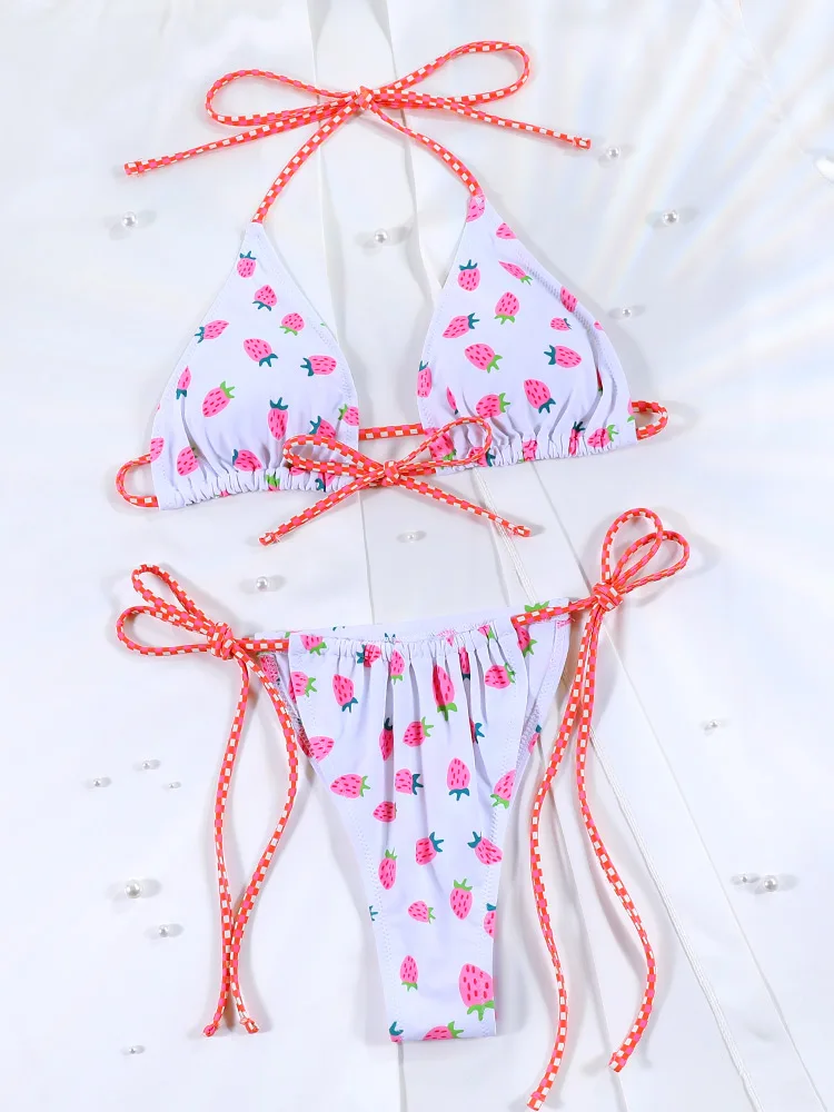

Halter strawberry Bikinis Swimsuit Bandage Women's Swimwear 2025 Bikini Thongs Bathing Suit Sexy Biquini Brazilian Beachwear