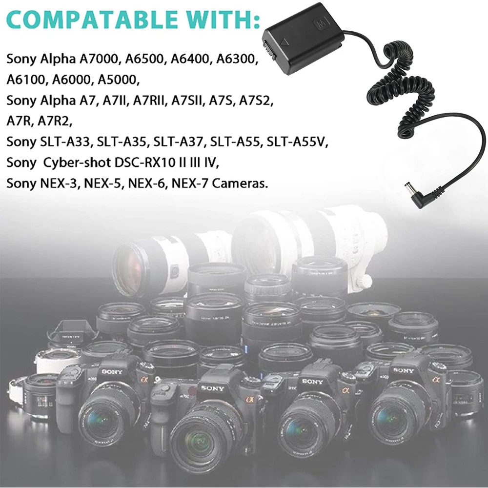 NP-FW50 Dummy Battery AC-PW20 FW50 to Spring Cable DC Coupler for Sony Alpha 7 a7S a7II a7R A3000 A5000 A6000 NEX5 NEX3 ZV-E10