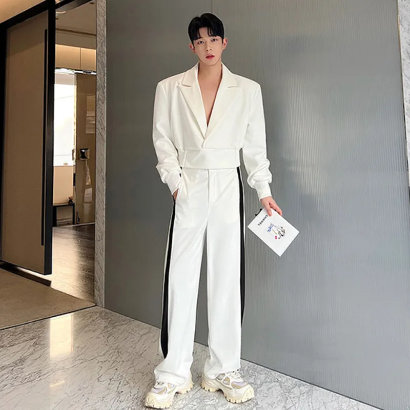 IEFB Korean New Fashion Men\'s Sets Two-piece Solid Color Short Jacket Suit Strip Wide Leg Pants Casual Trend Male Suit 9A7744