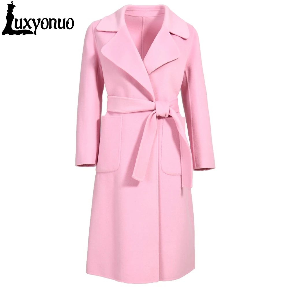 Imagem -05 - Luxyonuo 2023 Cabolsa de Caxemira Feminino High End Englent Dupla Face lã Longo Trench Coat com Bolso Blet Completo Sleevs Soild Cor