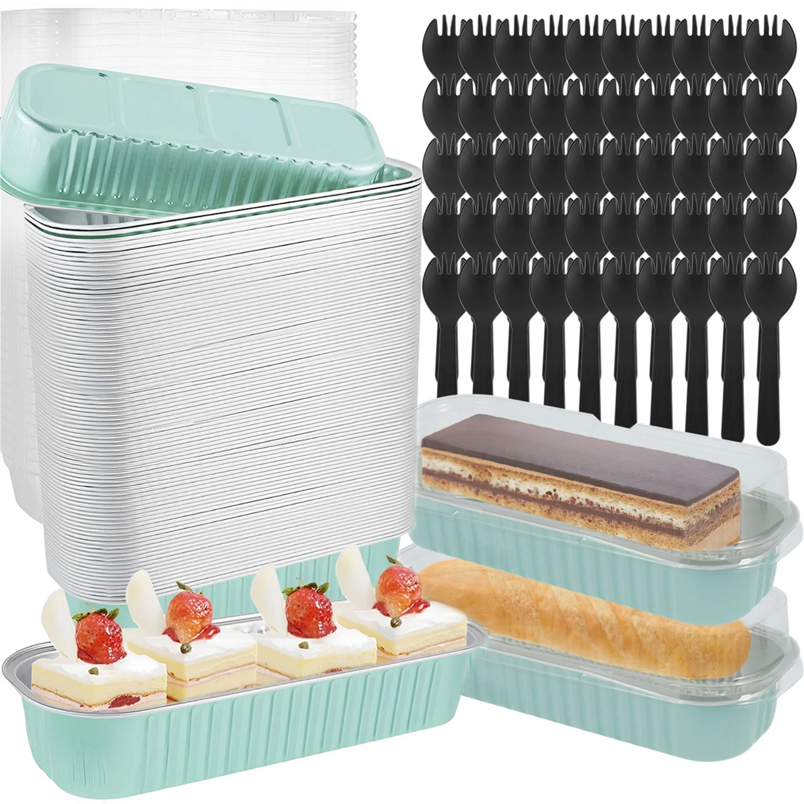 50Pcs Mini Cake Pans Set with Lids and Fork Spoons 200ml Foil Rectangle Baking Cups Aluminum Foil Loaf Pans Portable Foil Bread