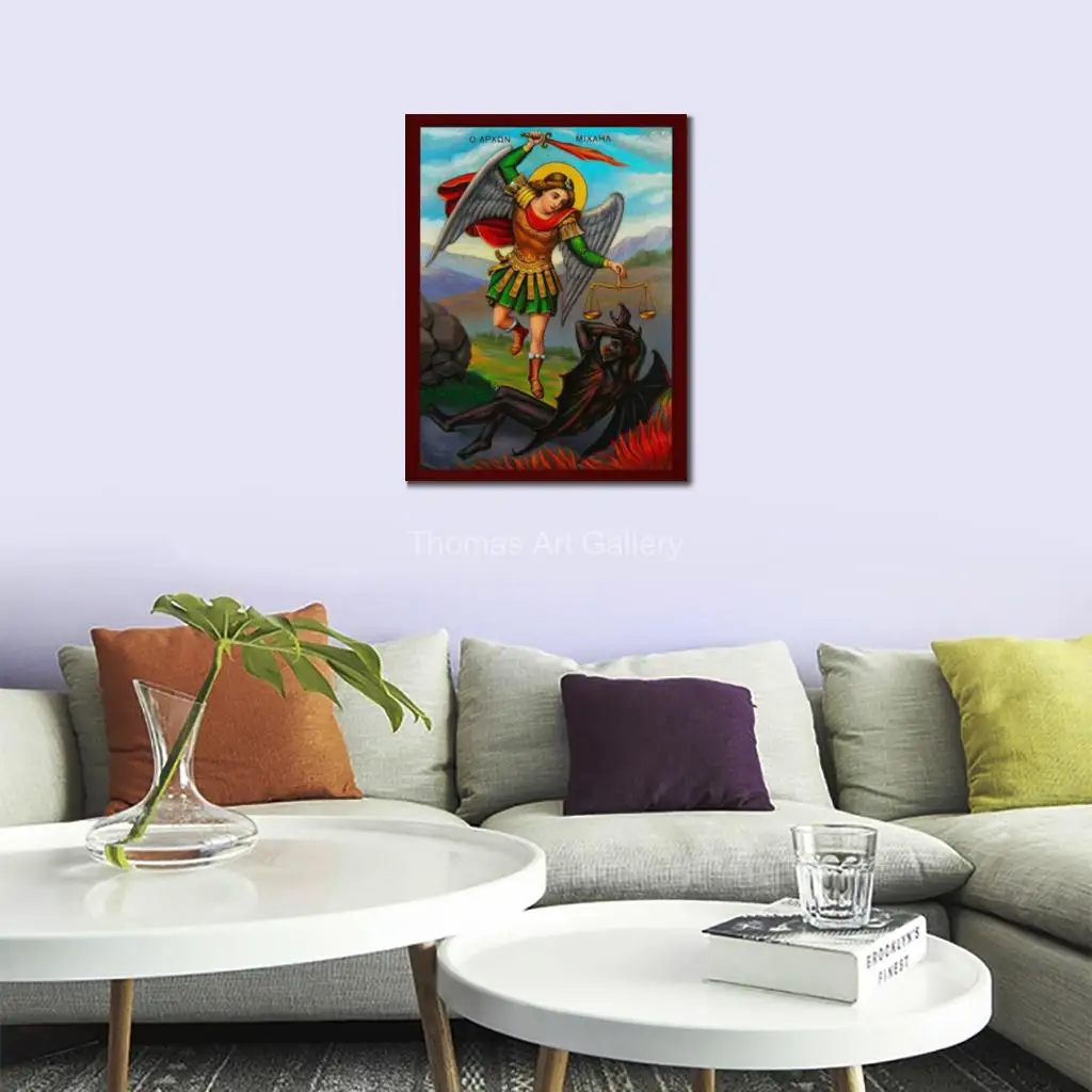 Archangel Michael Icon Slaying Dragon Greek Orthodox Canvas Print Holy Angels Defeated Byzantine  Wall Decor for Home & Chapel