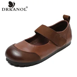 DRKANOL Fashion Women Flat Shoes Spring Shallow Genuine Cow Leather Soft Bottom Ballet Flats Loafers Mother Casual Shoes Brown