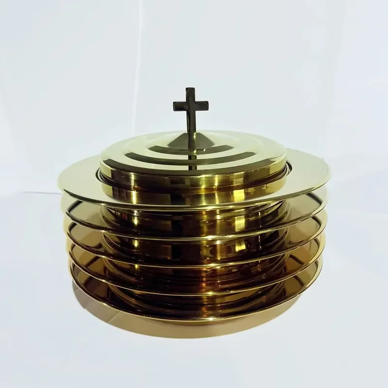 Stackable Gold Communion Bread Tray Set with Lid 5 Plates Polished Metal Church Serving Platter for Religious Ceremony