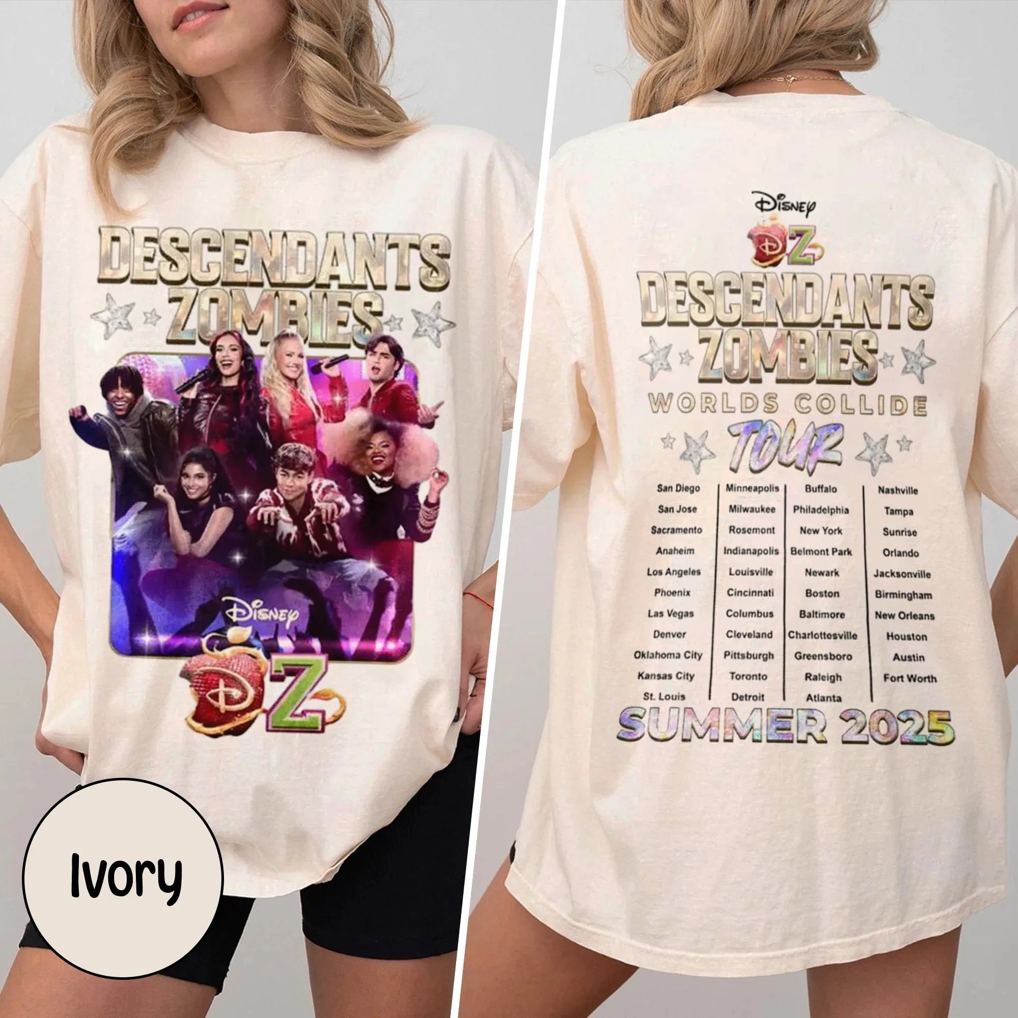 

Футболка с изображением зомби из мультфильма Disney Descendants Zombies World Tour, двусторонняя, для женщин и мужчин, футболка с изображением зомби Скай, летняя одежда оверсайз для музыкальных фестивалей Epcot