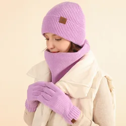 3pcs winter scarf hat glove sets for women 2022 thick warm plush lining fleece-lined beanies hat snood touch screen gloves gift