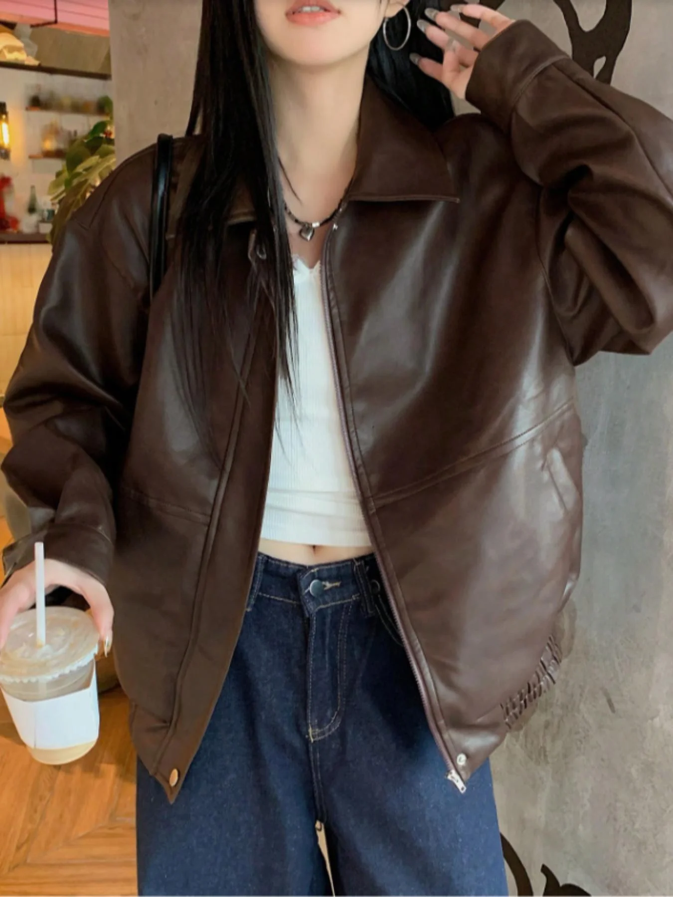 Women's Autumn and Winter Solid Color Long-Sleeve Zip-Front Pu Leather Loose Casual Jacket, Women's Autumn and Winter Coat