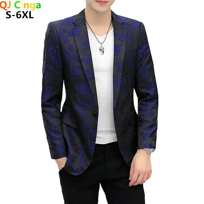 Blue Rose Embroidery Blazer Jacket, Men Fashion Casual Coat, Asian Size Male Jaqueta, Black Blue Outerwear