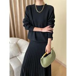 Fall and Winter Women Knitted Suit Fashion Commuter Knit Pullover Sweater Elastic Waist Pleated Long Skirt 2pcs Matching Set