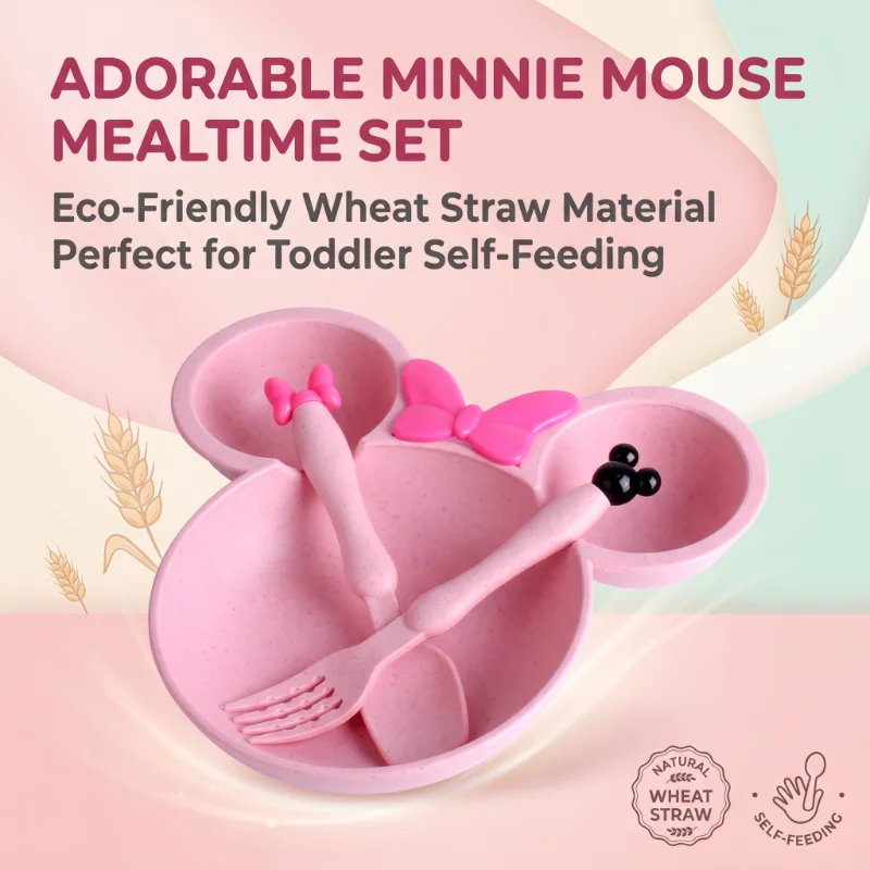 Baby Food Menu - Minnie-Maus-Kinderteller-Set aus Weizenstroh, Cartoon-Teller mit Fächern