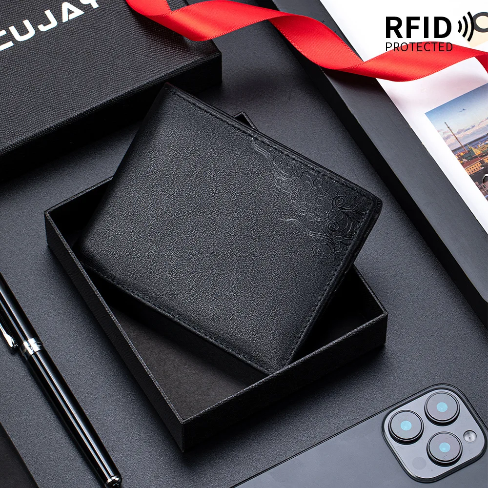 

Мужской кошелек из натуральной кожи с RFID-защитой, минималистичный держатель для карт, кошельки из воловьей кожи для мужчин, короткий черный кошелек, мужские портмоне