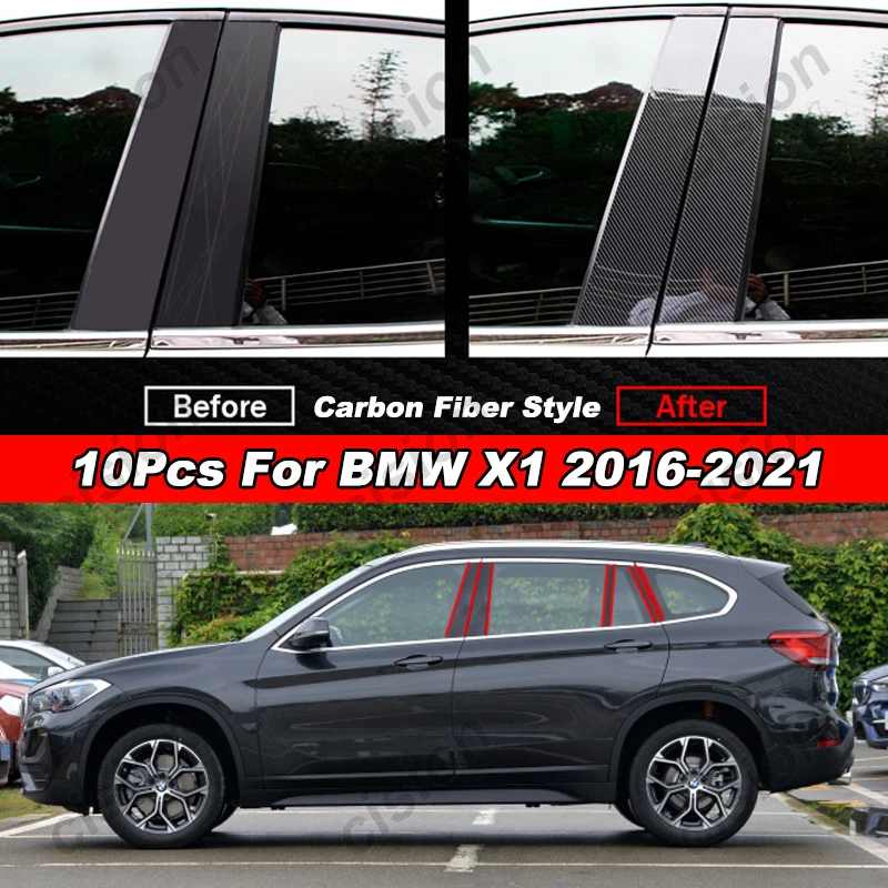 6/10x Black Carbon Fiber Car Door Window Column BC Pillar Post Mirror Effect Cover Trim PC Material Sticker For BMW X1 2009-2015