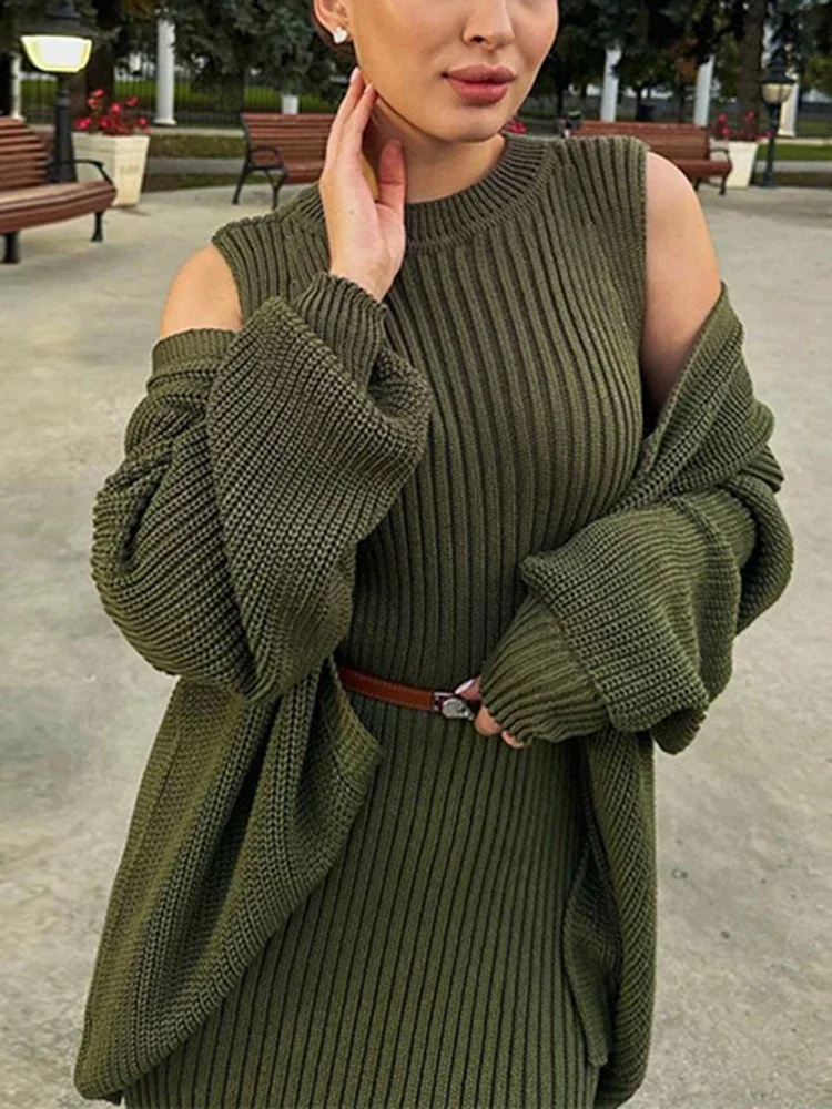 Casual Two-piece Set Women Knit Suit Solid Color Top and Tight High Waist O-Neck Long Dresses Autumn 2023