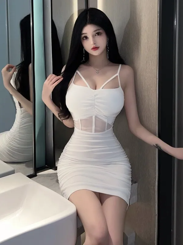 2023 Summer Women's New Sexy Spicy Girl Double Layer Gauze Splice chest Fold Wrap buttocks Solid Color Fashion sling Dress Z2ZX