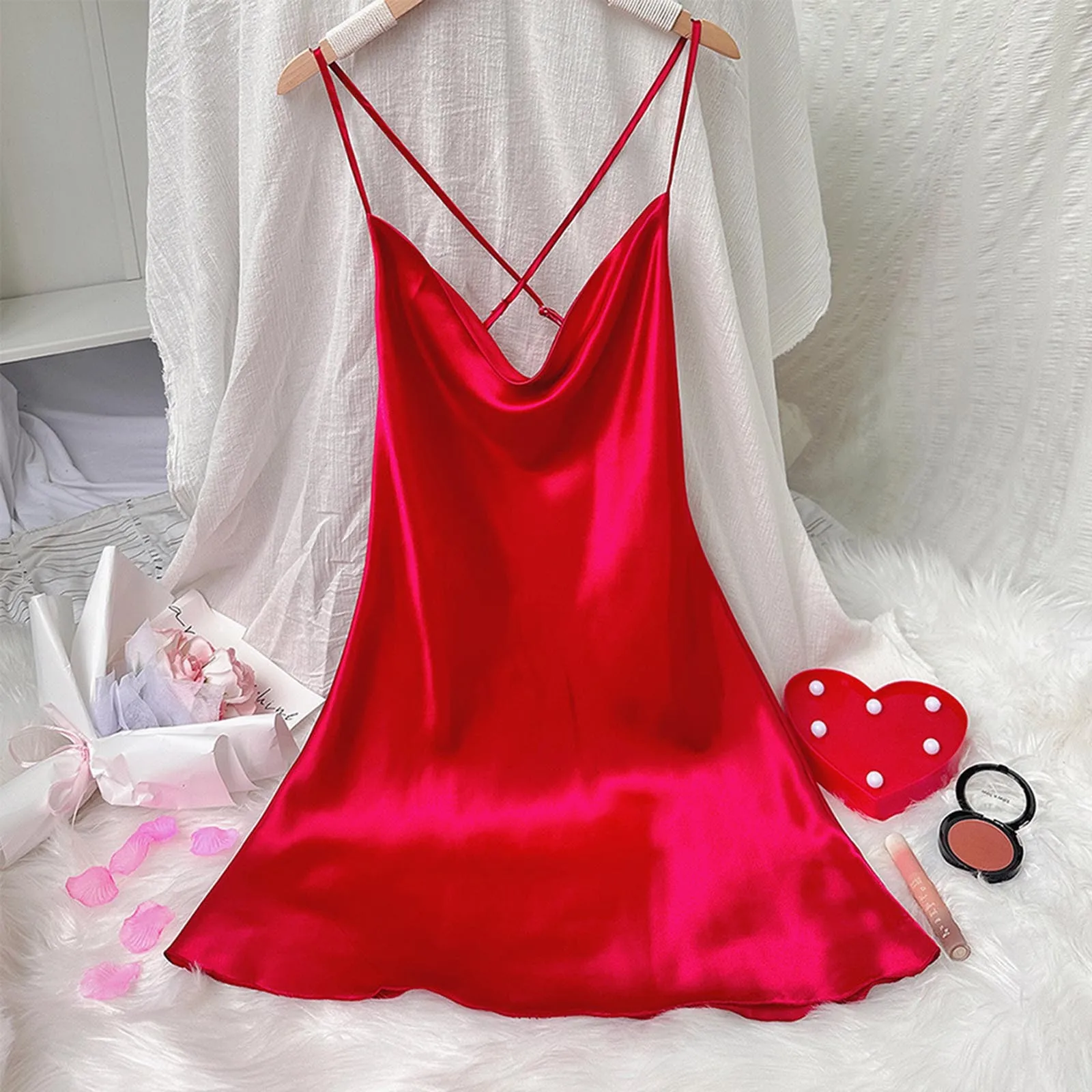 

Women‘s Sexy Backless Spaghrtti Strap Nightclothes V-Neck Sleeveless Solid Sleepwear Dress Ladies A-Line Dew Shoulder Dresses