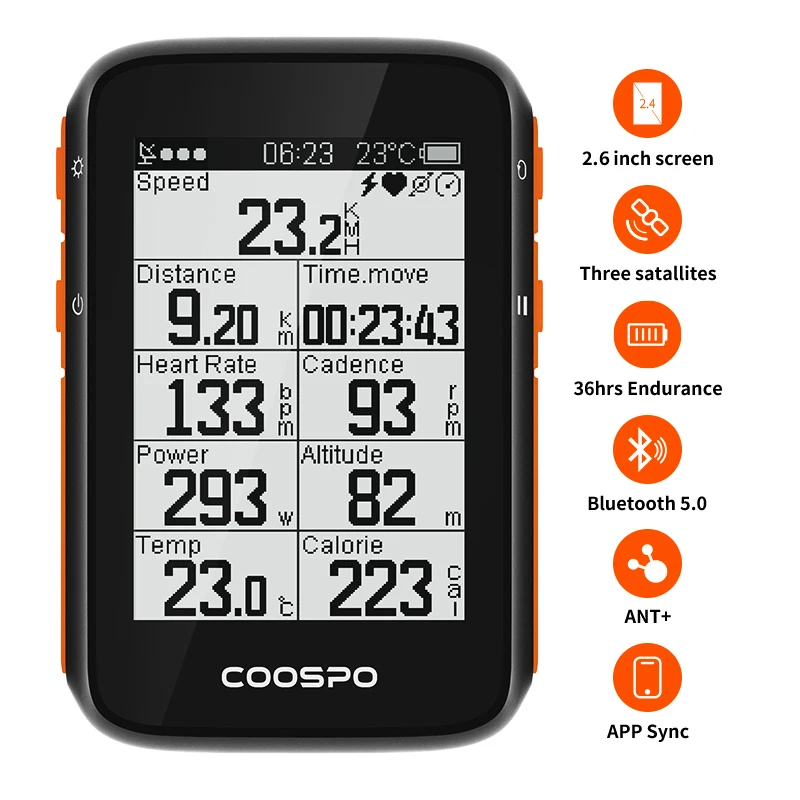 COOSPO Velocipede Компьютер BC200 Беспроводной GPS-спидометр Одометр 2,6 дюйма Bluetooth 5,0 ANT+ Синхронизация с приложением