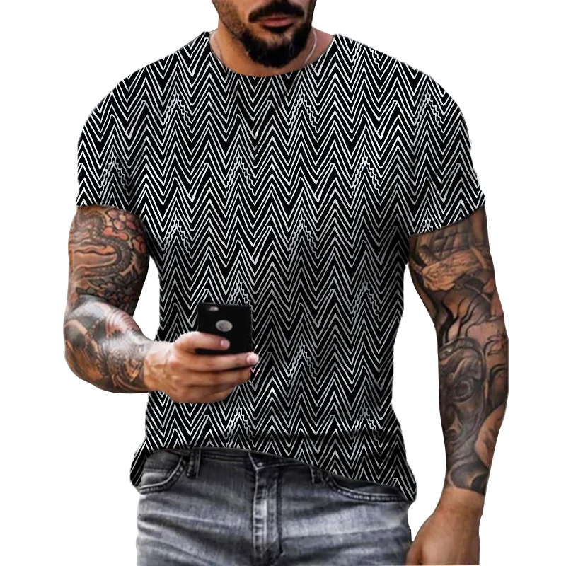 

Wave striped printed men's T-shirt fashion casual O-neck short sleeved hip-hop oversized clothing top personalized pullover
