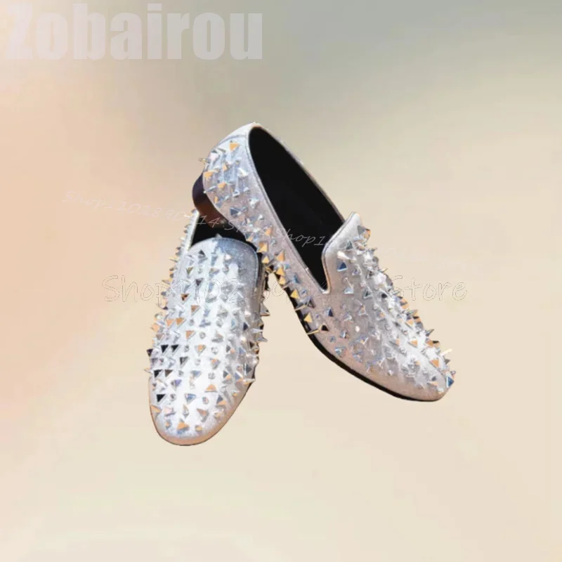 

Silver Glitter Spikes Decor Low Top Men Loafers Fashion Slip On Men Shoes Luxury Handmade Party Banquet Wedding Men Casual Shoes
