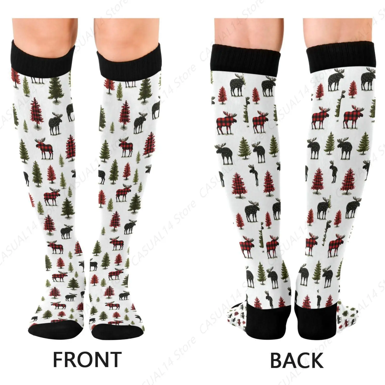 2 Pairs Red Black Plaid Moose Xmas Trees Compression Socks Knee High Socks Women and Men 15-20mmHg Best for Athletic Nurses