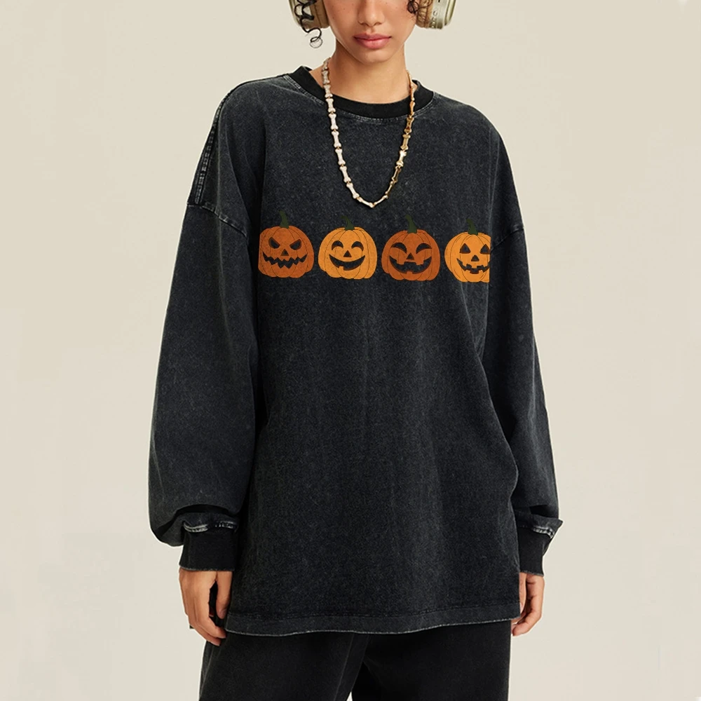 

Fall Halloween Sweatshirts Washed Denim Long Sleeve Tops Autumn﻿ Unisex Casual Pumpkin Spice Pullover Luxury Brand Y2k Sweater