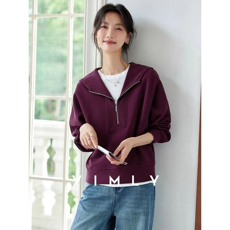 

VIMLY Woman Purple Zipper Hooded Long Sleeve Ladies Tops Sporty Autumn 2025 New Casual Knitted Loose Sweatshirts Female A1961