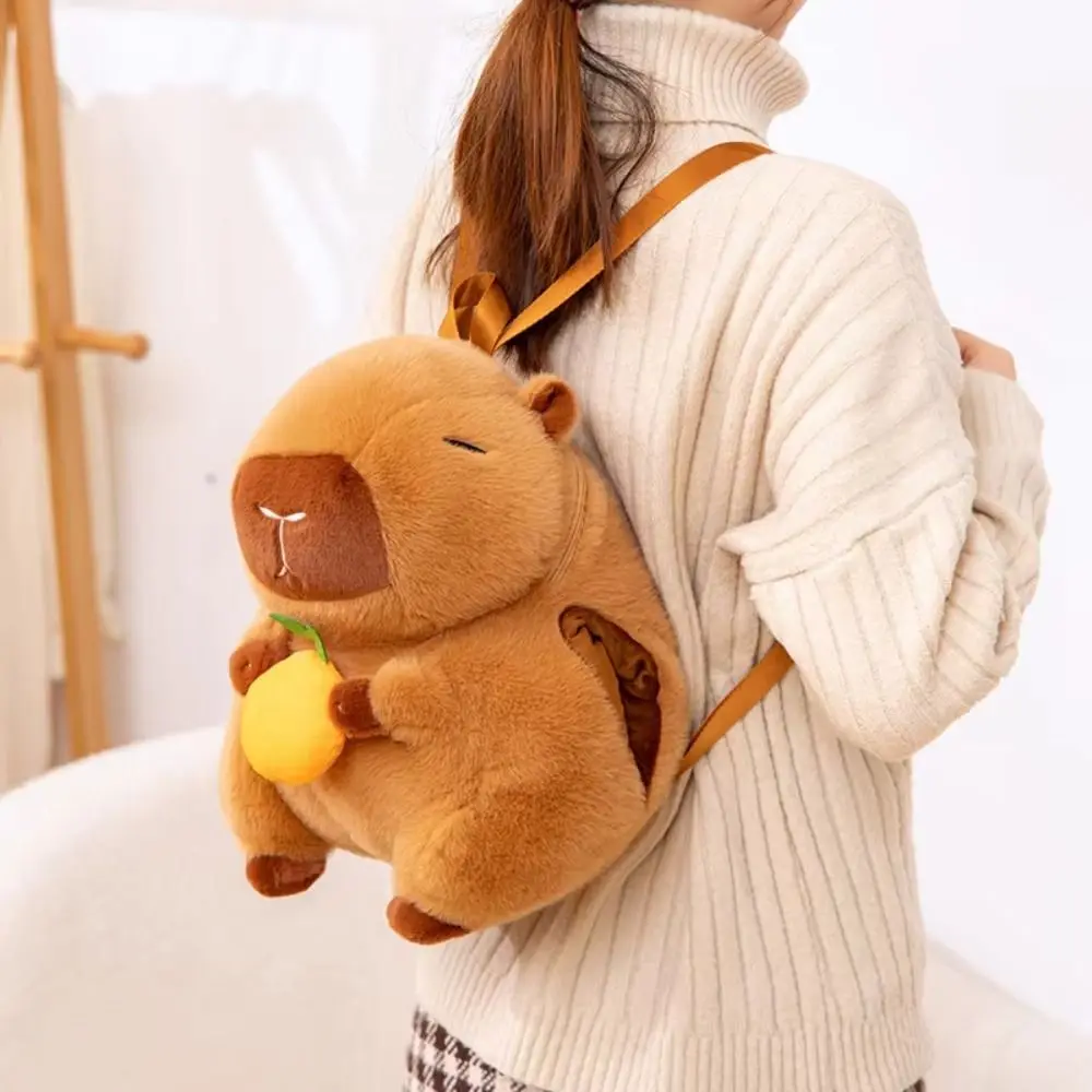 

Adjustable Straps Capybara Plush Backpack PP Cotton Korean Style Capybara Hand Warmer Pillow Brown Furry Capibala Stuffed Doll