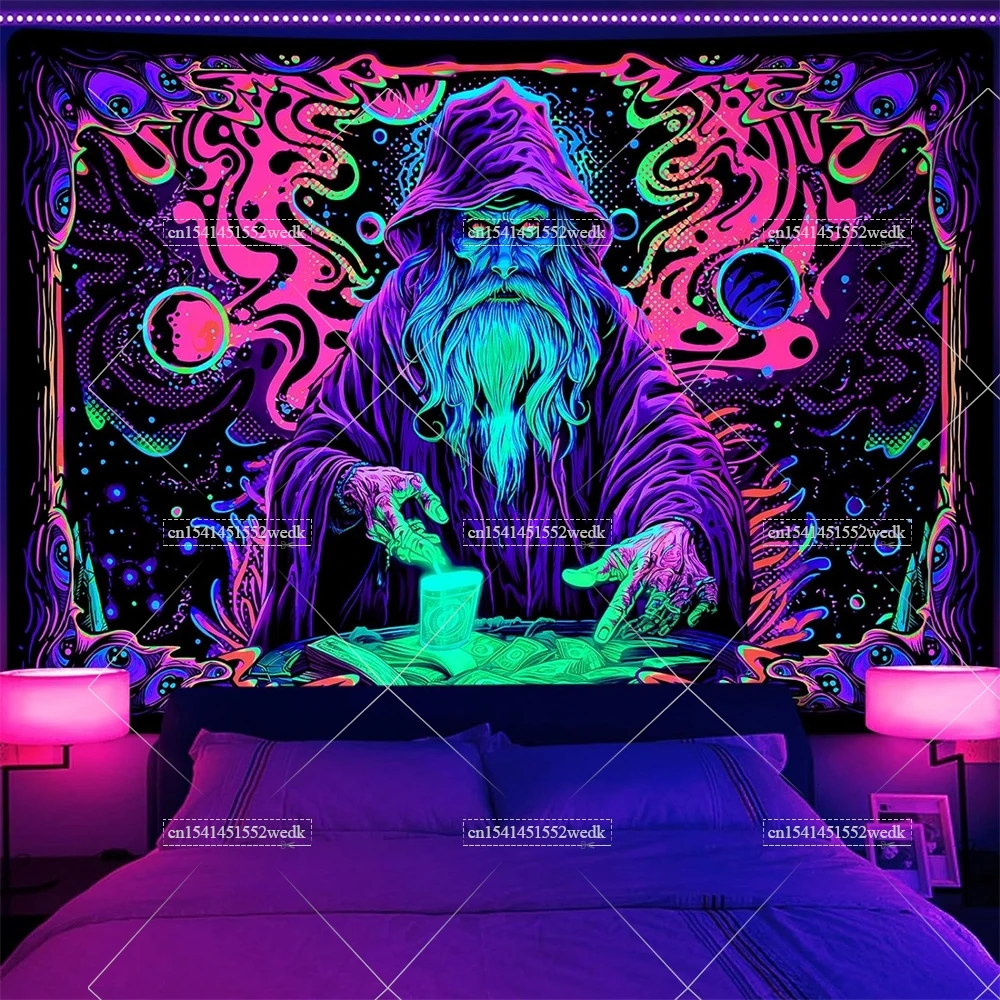 Blacklight Tapestry Wizard Tapestry For Bedroom UV Reactive Neon Starry Wall Tapestry Hangin Dorm Decor Aesthetic Party Backdrop