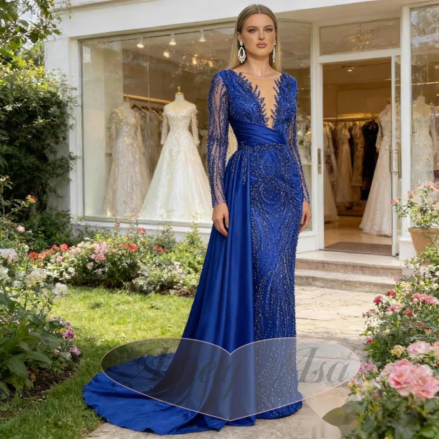 

Customized Blue Women Evening Dress Long Sleeve V Neck Illusion Mermaid Party Occasion Dress Prom Wedding Wear Vestido De Noite