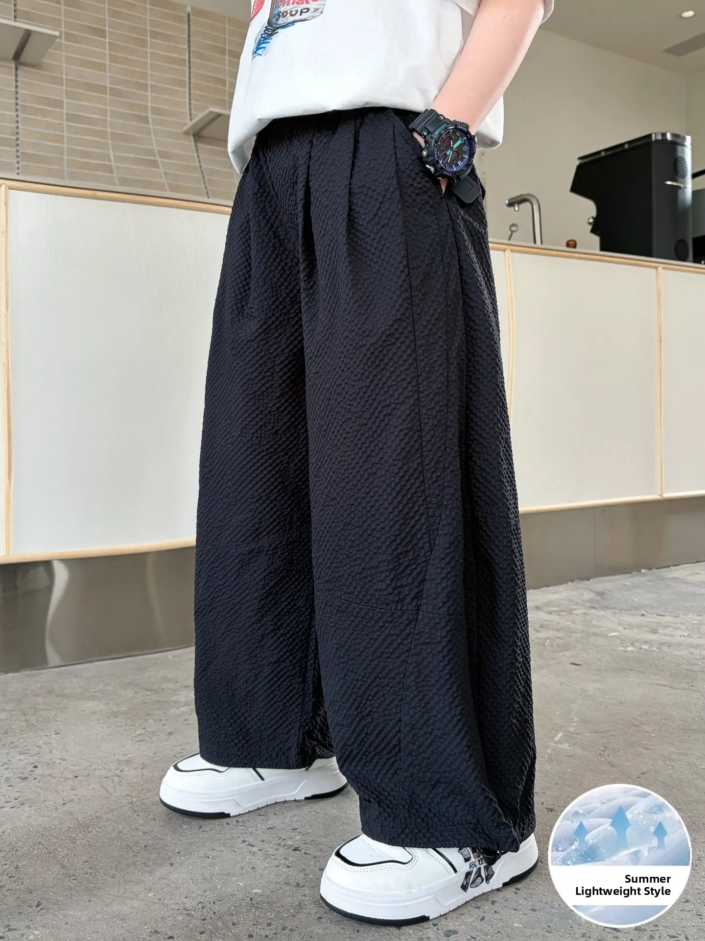 男の子用蚊よけスポーツパンツ-軽量-通気性-クール感-夏用-ウエストゴム-カジュアル-ロングパンツ