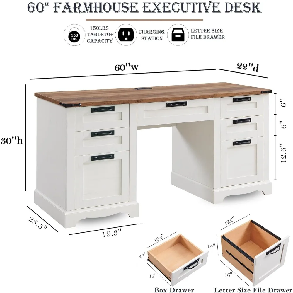 Bureau de direction de ferme avec égouts de proximité, bureau à domicile en bois avec station de charge, armoire de rangement pour clavier et fichier, 60 po