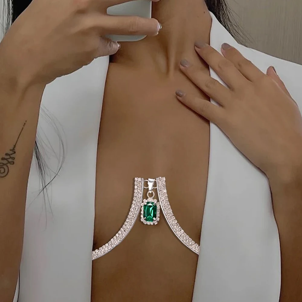 New Rhinestone Square Shape Chest Bracket Chain Sexy Crystal Lingerie Bra Chain Christmas Party Accessories