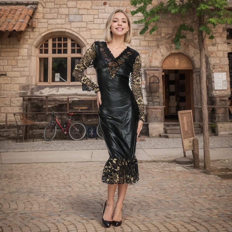 Women's Black Floral Lace Mesh Maxi Dress Sheer Sexy Vintage Long Sleeve Bodycon Dresses