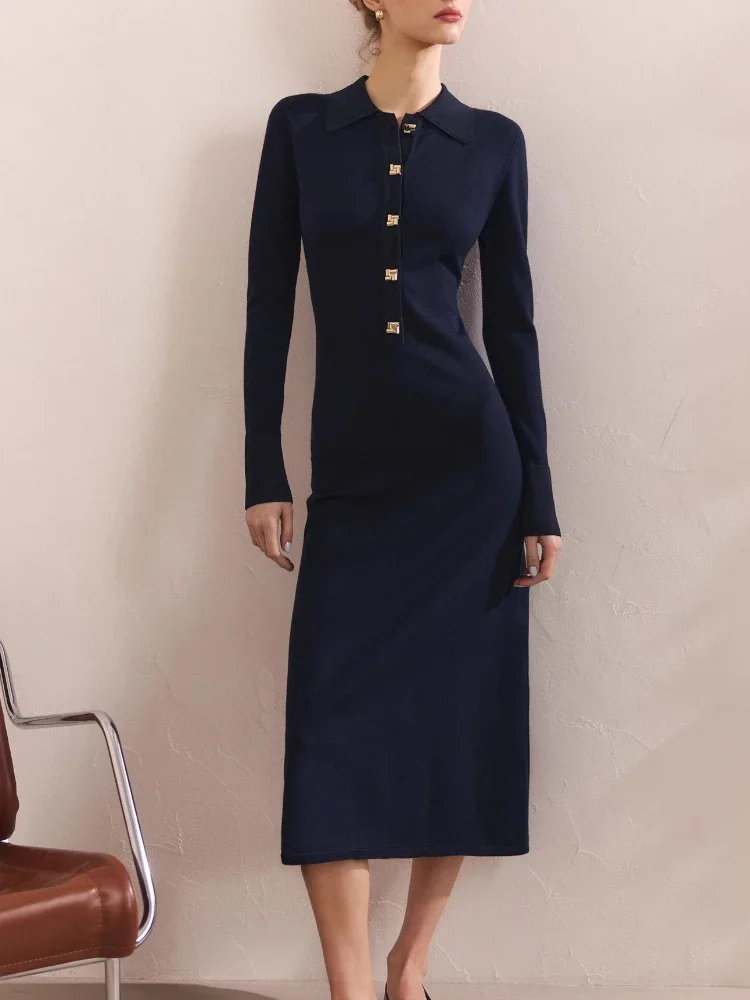 

Elegance Collar Polo Knit Long Dress Female Long Sleeves Solid Slim High Waist Commute Party Dress Women's Knit Maxi Dress