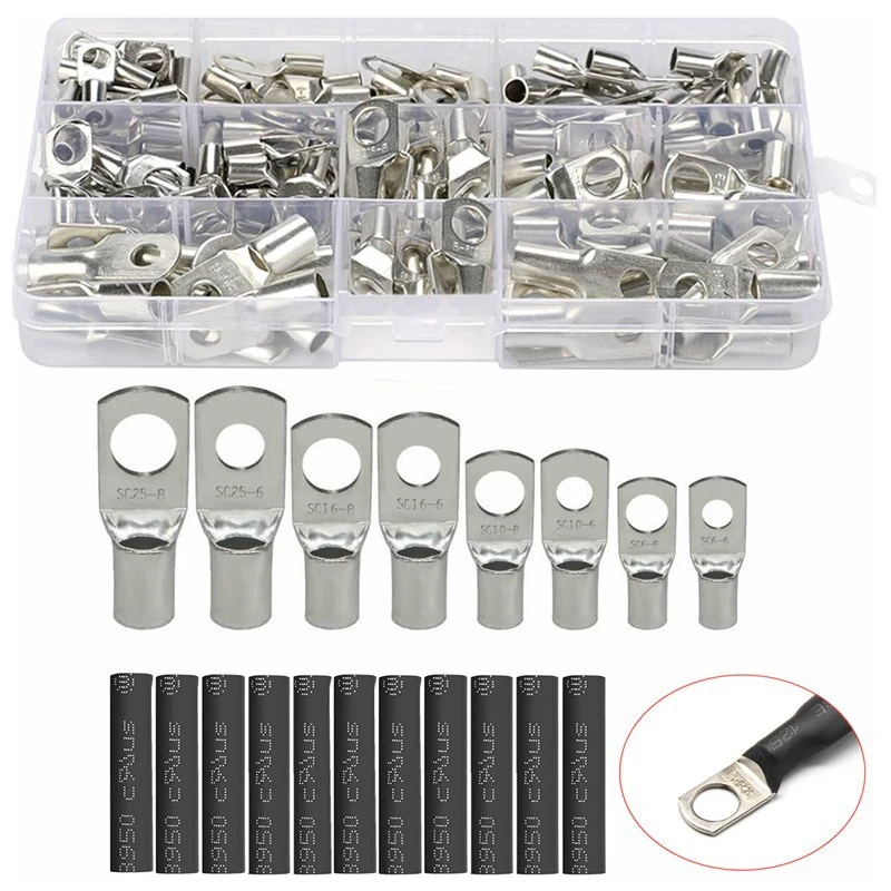 140pcs SC Peep Mouth Nose Tinned Copper Wire Cold Presser Lugs Ring Crimp Terminals connector Bolt Hole Tinned