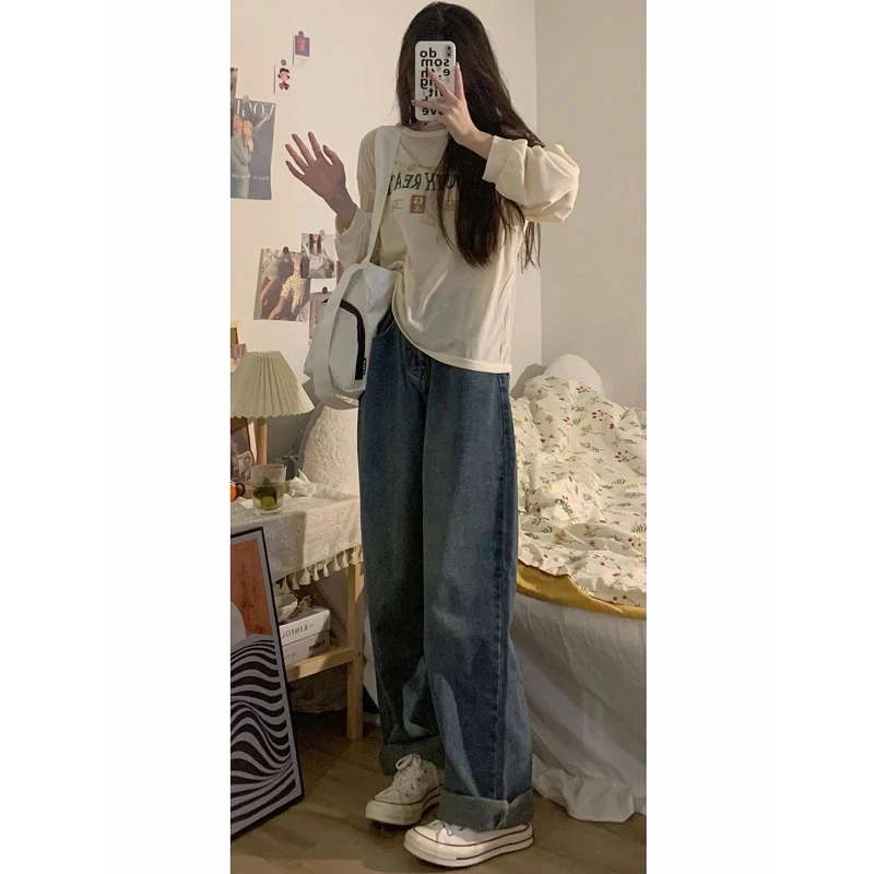 ارتفاع الخصر فضفاضة تناسب الطابق طول الدينيم الجينز المرأة الخريف جديد Sle التخسيس حجم كبير مستقيم الساق بنطال ذو قصة أرجل واسعة