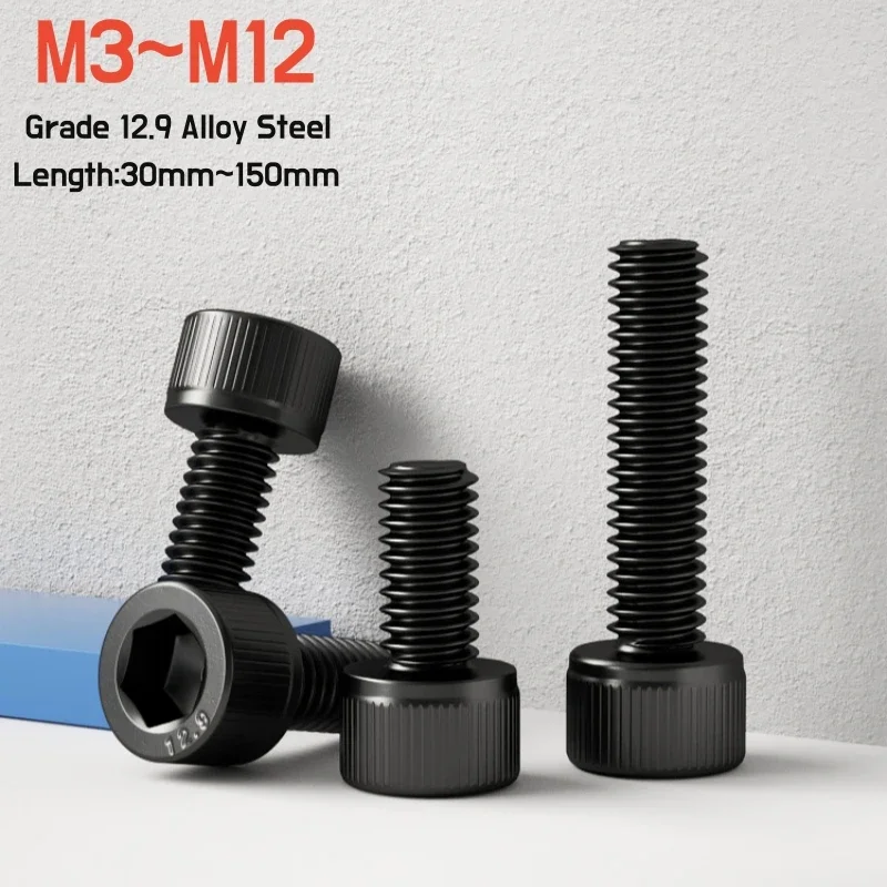 1~20pcs M3 M4 M5 M6 M8 M10 M12 Black Grade 12.9 Alloy Steel DIN912 Hexagon Hex Socket Cap Allen Head Screw Bolts Length 30~150mm