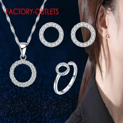 Hot Genuine 925 Sterling Silver Round Pendant Necklace Earrings Ring Combination Jewelry Sets Wholesale Wedding Jewelry