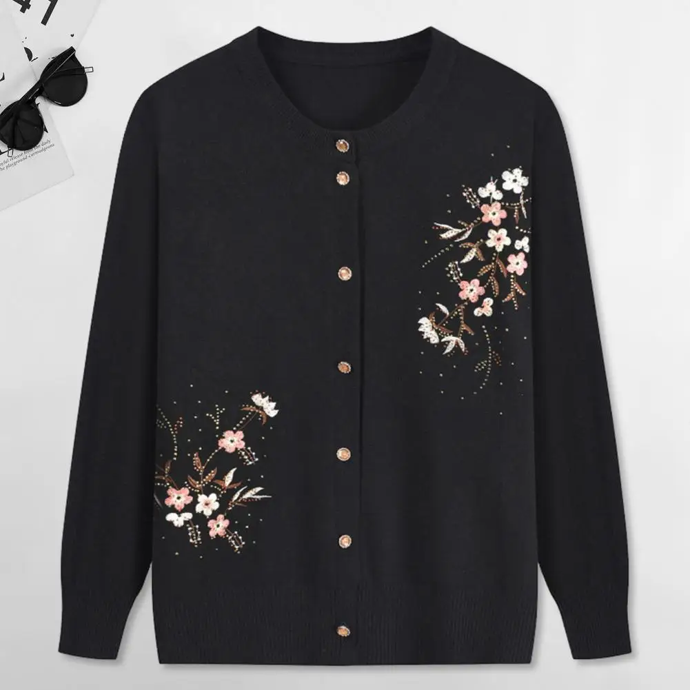 Front Placket Sweater Elegant Floral Embroidered Knit Cardigan for Stylish Single-breasted Sweater Jacket with Stretchy for Fall