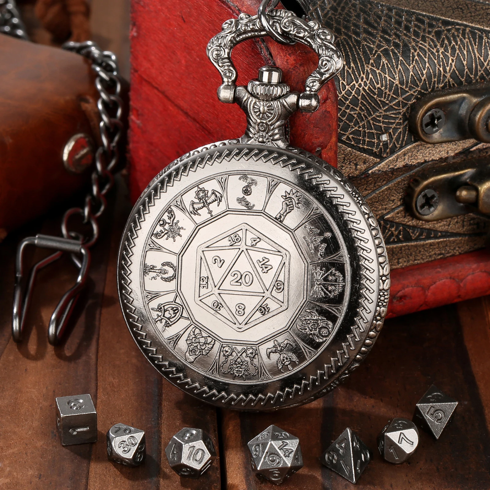5pcs Metal D20 Polyhedral Dice Pocket Watch Case Mini Dice Set Vintage Fob Chain Pendant Gift for Role-playing Game Lovers - view 6