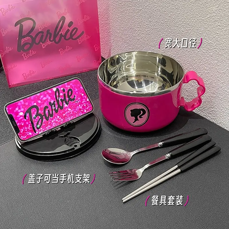 Kawaii Barbie Lunch wiaderko Anime słodkie kreskówka zastawa stołowa duża pojemność ze stali nierdzewnej Instant miska na makaron ręce zapobiegające parzeniu