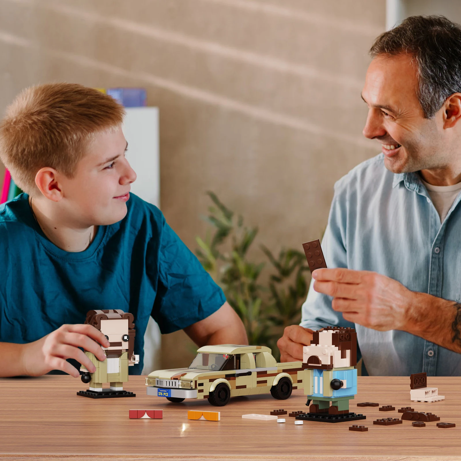 MOC Jeff the Dude & Walter Sobchak BrickHeadZ und Auto-Baustein-Set, Film-Protagonistenfiguren, Spielzeug, Fans, Weihnachtsgeschenke