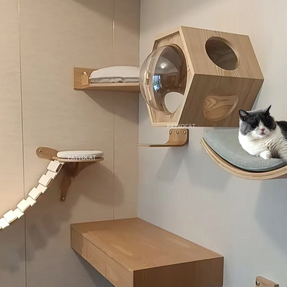 Estantes de escalada montados en la pared para gatos, torre de árbol para gatos, rascador de Sisal, escaleras, hamaca, casa escondida, cama, interior, gimnasio, muebles para mascotas